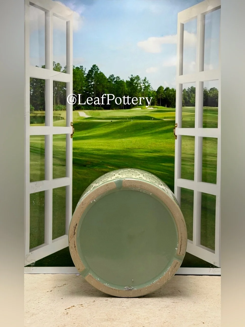 Ceramic Planter with Saucer Attached 7 Inch | Green Patterned Flower Pot